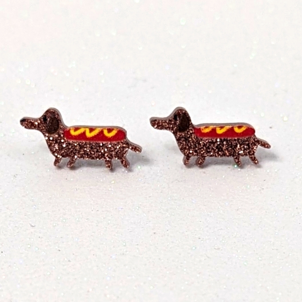 Dachshund Weiner Dog with Ketchup and Mustard Design Glitter Acrylic Earrings